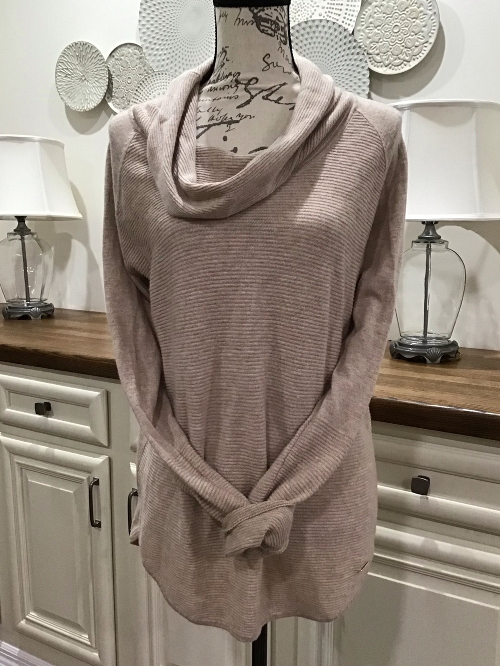 Cozy Cowl Neck Ribbed Sweater - Light Tan